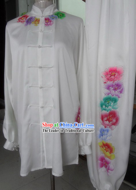 White Embroidered Rainbow Flower Kung Fu Competition Dress Complete Set