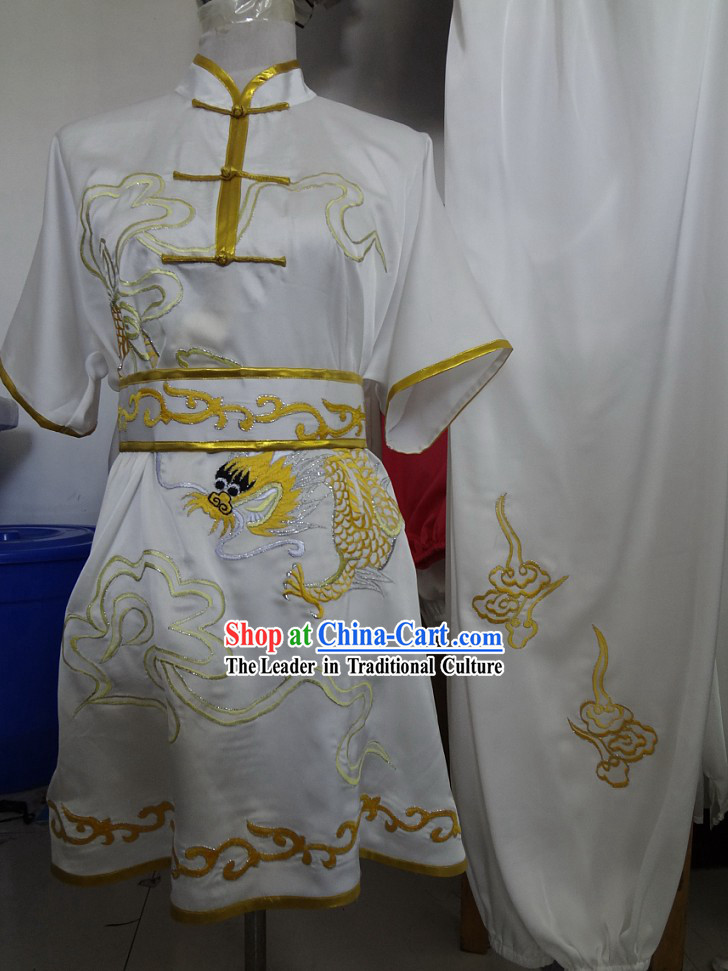 Supreme Silk White Embroidered Dragon Martial Arts Costumes for Men