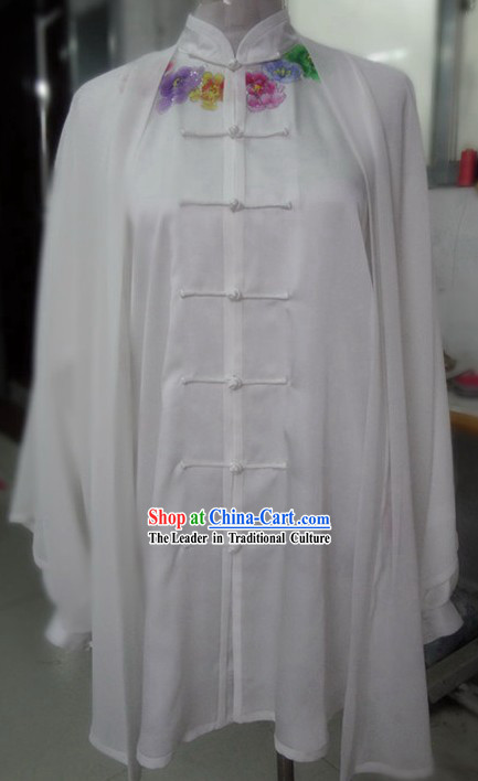 Supreme Silk White Embroidered Flower Tai Chi Clothes, Pants and Cape