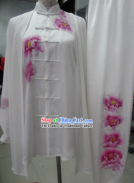 Supreme Silk White Embroidered Flower Taiji Clothes, Pants and Cape