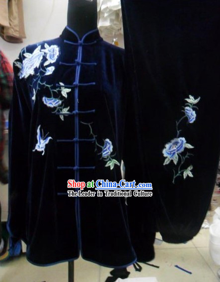 Blue Embroidered Butterfly Flower Wushu Costumes Complete Set