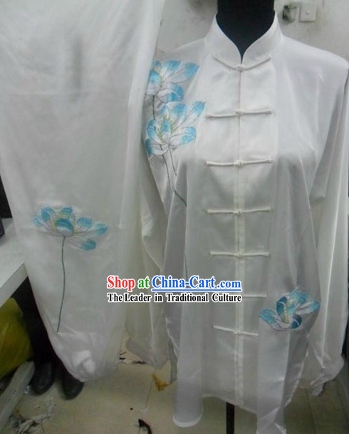 White Silk Lotus Embroidery Tai Chi Dress for Women