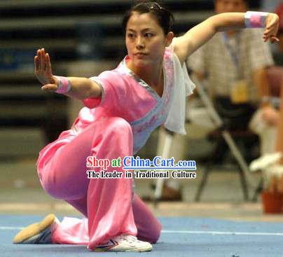 Pink Martial Arts Competition and Exercises Silk Suit for Women