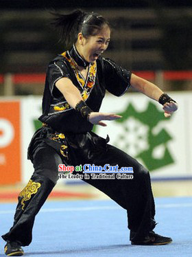 Black Kung Fu Competition and Exercises Silk Dress Complete Set for Women