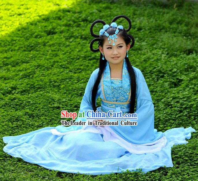 Ancient Chinese Blue Fairy Costume and Wig for Children