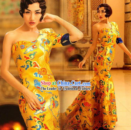 Chinese Classical Golden Dragon Wedding Dress for Women