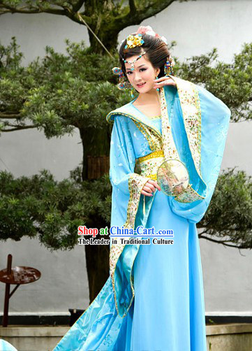 Ancient Chinese Blue Long Tail Clothes for Women