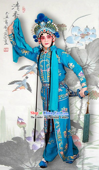 Chinese Peking Opera Blue Dance Costumes and Hat Complete Set