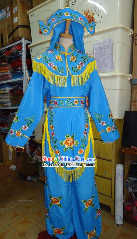 Ancient Chinese Blue Opera Costume and Hat for Women