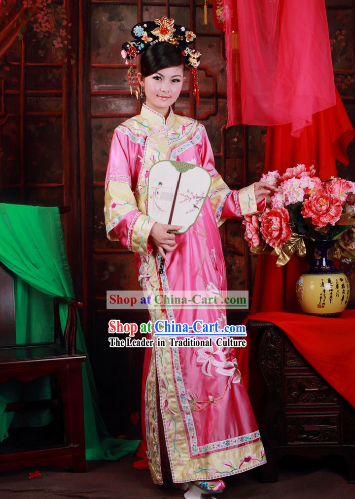Ancient Chinese Qing Dynasty Pink Princess Embroidered Clothes and Shoes for Women