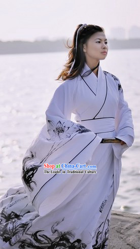 Ancient Chinese Hand Painted Lotus Hanfu Clothing Complete Set for Women