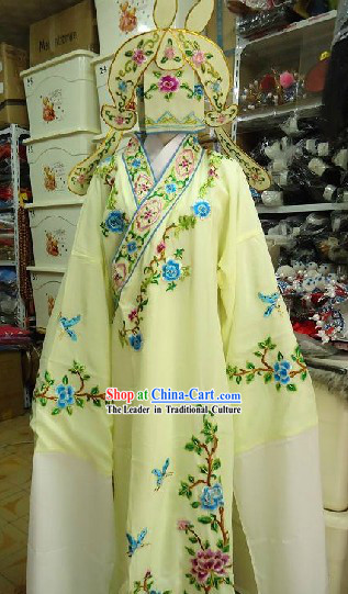 Chinese Peking Opera Embroidered Flower Costume and Hat for Men