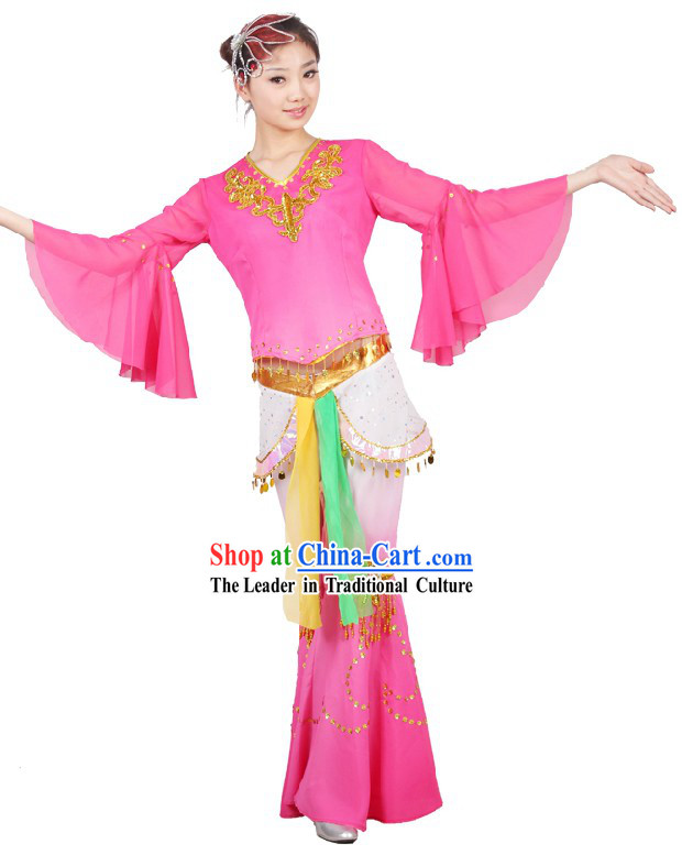 Chinese Classical Fan Dancing Costumes and Head Piece for Women