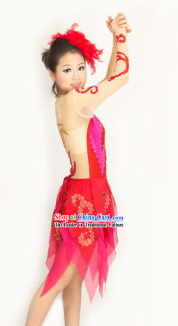 Traditional Chinese Red Phoenix Pattern Modern Dance Costumes and Headwear for Women