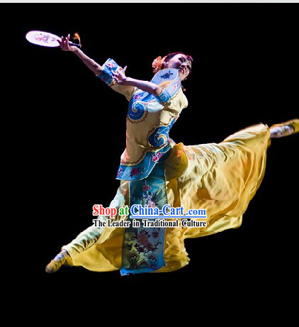 Stage Performance Chinese Classical Fan Dance Costumes and Headwear for Women
