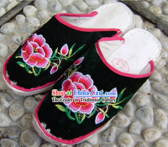 Traditional Chinese Handmade Black Cotton Slippers with Thick Cotton Sole