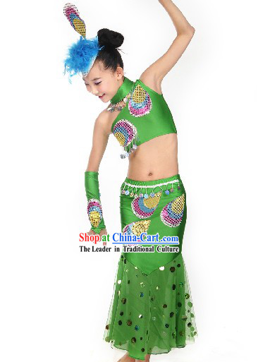 Stage Performance Peacock Dance Costumes for Little Girls