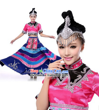 Chinese Yi Nationality Clothing and Headwear Complete Set for Women