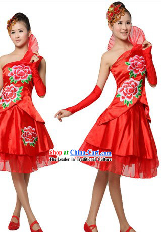 Chinese Red Peony Dance Costumes and Headpiece for Women