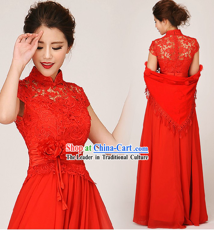 Traditional Red Lace Cheongsam Wedding Dress for Brides