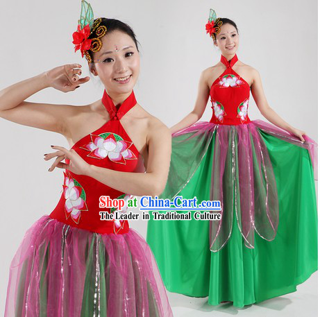 Traditional Chinese Lotus Classical Dancing Costumes and Headpiece for Women