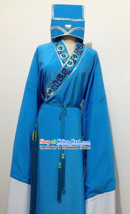 Ancient Chinese Blue Student Costumes and Hat for Men
