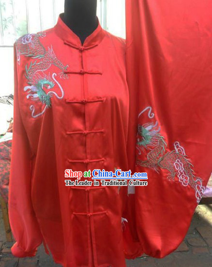 Traditional Chinese Red Dragon Embroidery Silk Tai Chi Suit