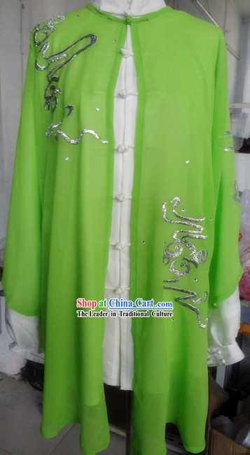 Traditional Chinese Green Tai Ji Kung Fu Performance Uniform and Cape Complete Set