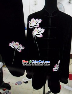 Black Traditional Chinese Lotus Embroidery Long Sleeve Gong Fu Uniform