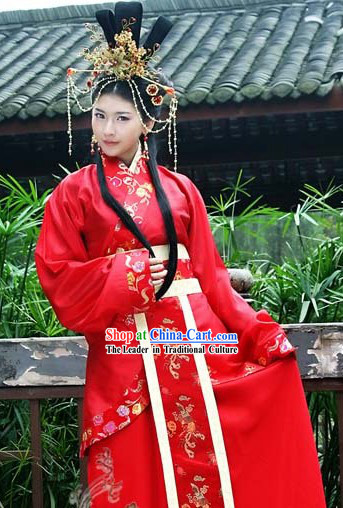 Ancient Chinese Red Wedding Clothing and Head Pieces for Brides