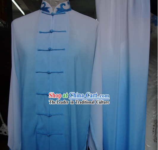Traditional Chinese Blue Color Transition Silk Kung Fu Tai Chi Competition Uniform