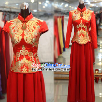 Traditional Chinese Red Wedding Shirt and Skirt Outfits for Brides