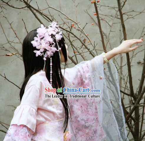 Ancient Chinese Pink and White Imperial Princess Garment and Flower Hair Accessories Complete Set