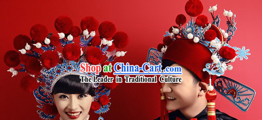 Ancient Chinese Red Bridegroom and Bride Hats Pair