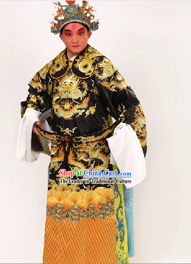 Black Traditional Chinese Opera Dragon Embroidery Costumes and Hat for Men