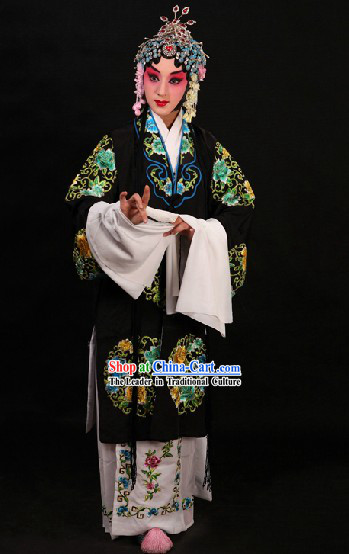 Black Traditional Chinese Opera Round Flower Embroidery Robe and Skirt