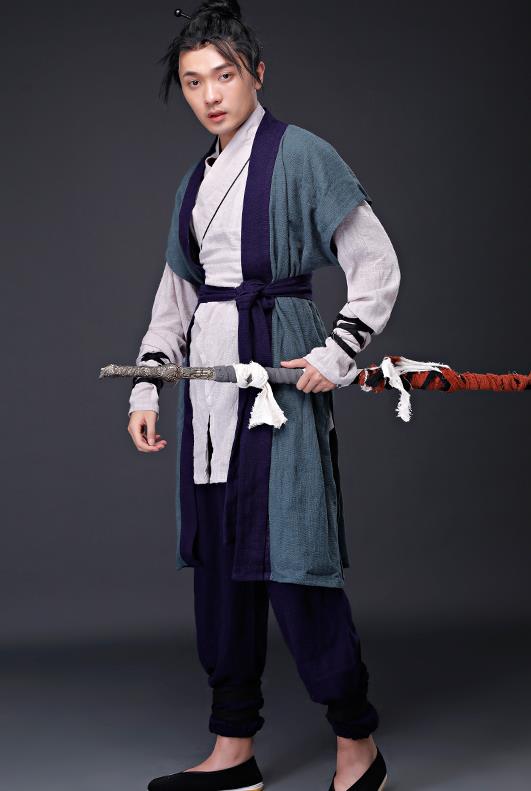 Traditional Chinese Knight Deep Blue Costume for Men
