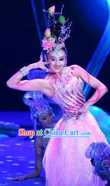 Asian Pink Lotus Dancing Costume and Headdress Complete Set for Women