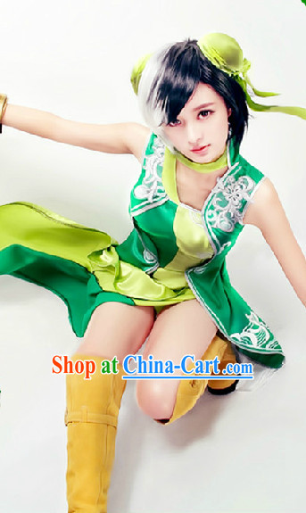 Chinese Green Yellow Princess Cosplay Costumes and Headwear Complete Set