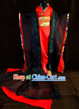 Ancient Black and Red Japanese Kimono Costumes for Ladies