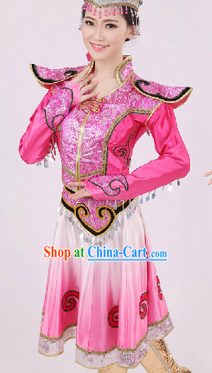 Traditional Chinese Ethnic Mongolian Dancing Costumes and Headwear Complete Set for Women