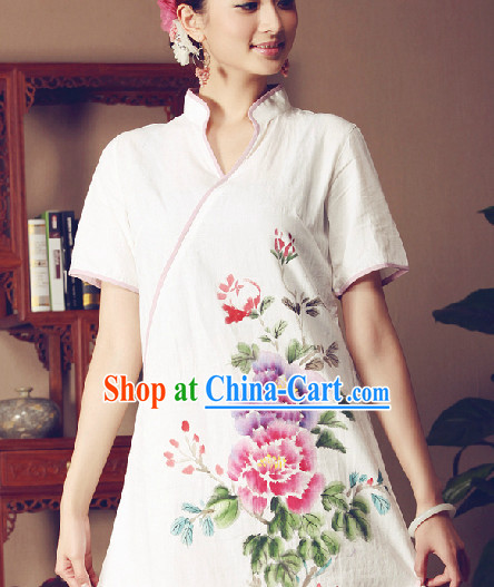 Hands Painted Peony Mandarin Traditional Garment for Women
