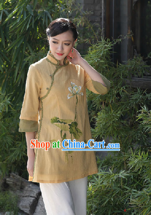 Hands Painted Lotus Mandarin Traditional Long Blouse for Women