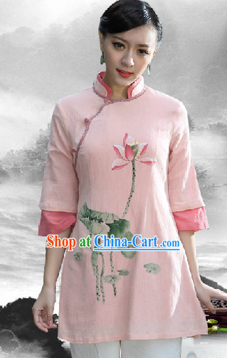 Hands Painted Lotus Mandarin Traditional Long Blouse for Women