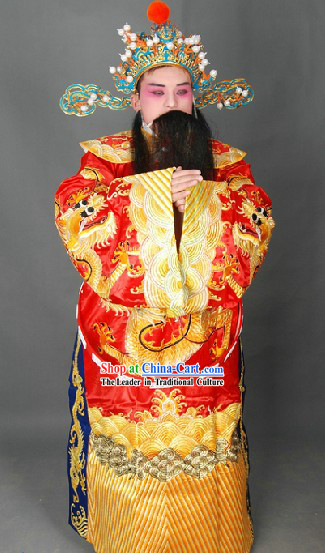 Peking Opera Embroidered Dragon Cai Shen Ye Costumes Uniform and Hat for Men