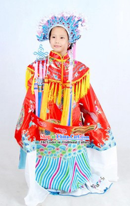 Traditional Chinese Phoenix Wedding Dress and Phoenix Coronet Complete Set for Children