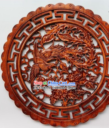 Traditional Chinese Hand Carved Round Phoenix and Peony Plaque
