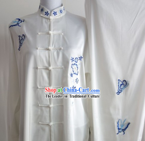 Blue Flower Embroidery Long Sleeves Martial Arts Uniform Complete Set