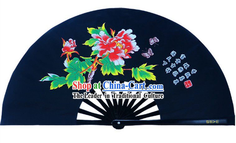 Black Traditional Kung Fu Double Fans Peony Pattern for Right and Left Hands