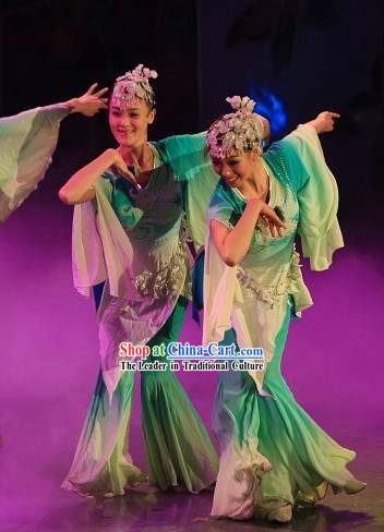 Green Jasmine Flower Dance Costumes and Headwear Complete Set for Women